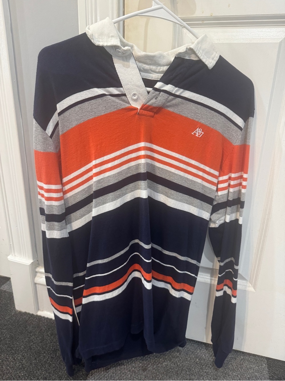 Aeropostale Men's V-Neck Rugby Sweater in Navy, Orange, and Gray